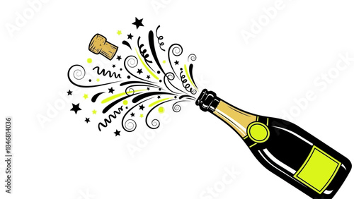 Champagne bottle popping with festive confetti and stars