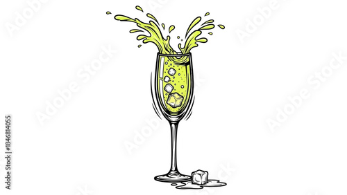 Splashing champagne glass with ice cubes on white background
