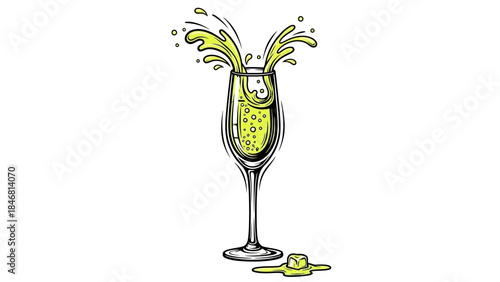 Splashing champagne in a glass with ice cube on white