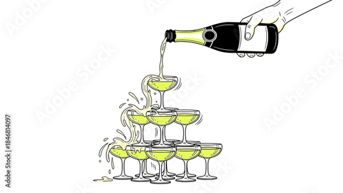 Champagne pouring into stacked glasses in festive celebration