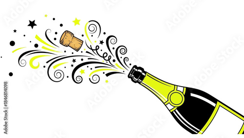 Champagne bottle popping with celebratory confetti and stars
