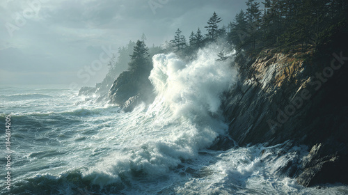 A dramatic seascape with powerful waves crashing against a rocky coastline. The dark, cloudy sky and rugged terrain evoke a sense of raw power and untamed beauty