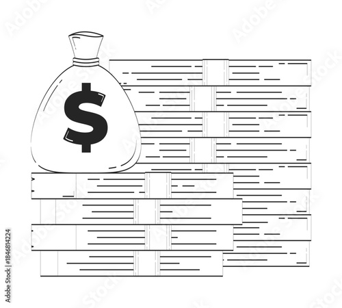 Money bag and stacked cash doodle linear object. Funding monetary. Moneybag with bundled banknotes. Finance 2D vector outline clip art drawing isolated on white. Hand drawn sketch illustration