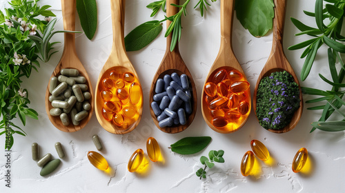 nutraceutical wellness product, Assortment of different types of pills and capsules displayed in wooden spoons with greenery