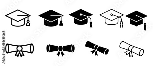 Graduation cap and diploma icon set. College cap or graduate hat symbol.