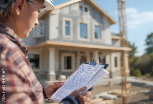 Construction Worker Reviewing Plans with Clipboard at Building Site