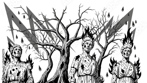 Dramatic ancient statues engulfed in flames under stormy sky