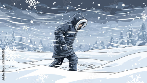 Person struggling in heavy snowstorm with snowflakes blowing