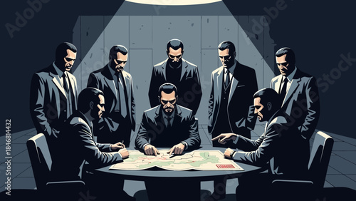 Men in suits planning strategy around a table with a map