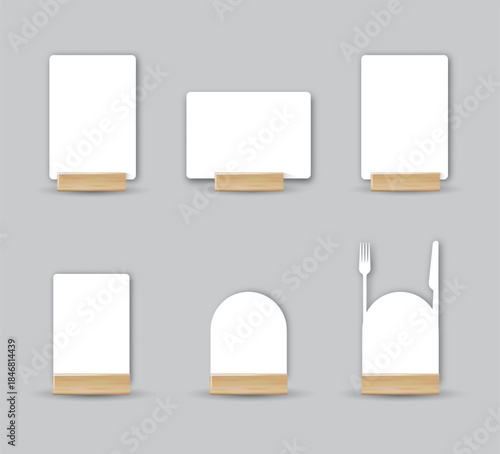 Card table menu holder stand mockup. Paper flyer mock up template. Event promotion wooden frame. Restaurant label. Vector