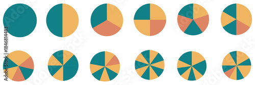 Pie chart set. Colorful diagram collection with sections or steps. 1,2,3,4,56,7,8,9,10,11,12 segment infographic. Circle pie chart diagram. Set of colorful pie charts with varying segments. eps 10