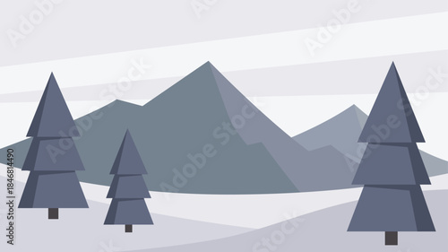 Simple winter landscape background illustration with flat design featuring pine trees, mountains, and snowy lands.
