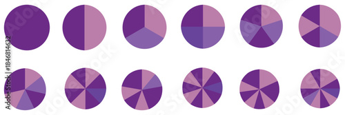 Pie chart set. Colorful diagram collection with sections or steps. 1,2,3,4,56,7,8,9,10,11,12 segment infographic. Circle pie chart diagram. Set of colorful pie charts with varying segments. eps 10