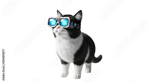 Funny cat wearing virtual reality headset, isolated on transparent background PNG