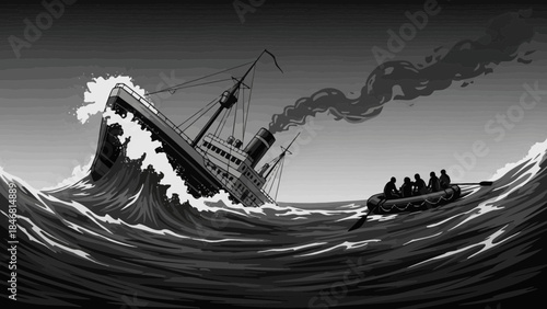 Dramatic shipwreck scene with people escaping in small boat at sea