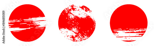 Japanese flag symbol of rising sun set. Red circle in grunge style on white background.Eps10