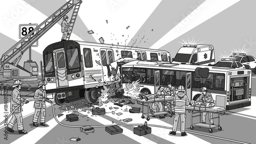 Emergency responders react to a dramatic train and bus collision scene
