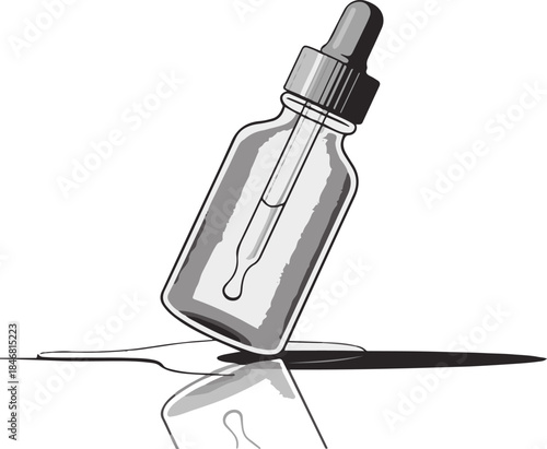 glass dropper bottle tilted with liquid spilling, eye drops or serum container, vintage style illustration with reflection