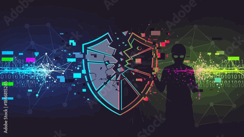 Cyber attack concept with shield and hacker in dark background