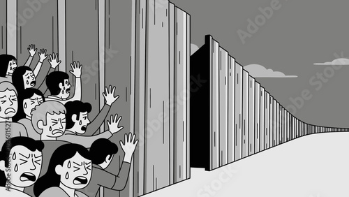 Emotional crowd faces blocked by long wall with open gate