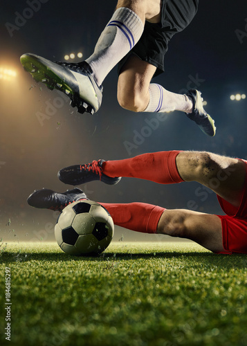 Football sliding tackle moment with airborne legs and ball on night stadium pitch. Concept of defensive play, match intensity, competitive duel, sport advertising, professional athleticism.