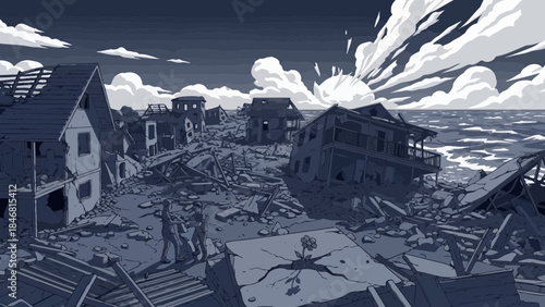 Devastating coastal town destruction after tsunami disaster