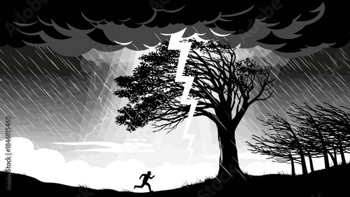 Person running from storm with lightning and heavy rain