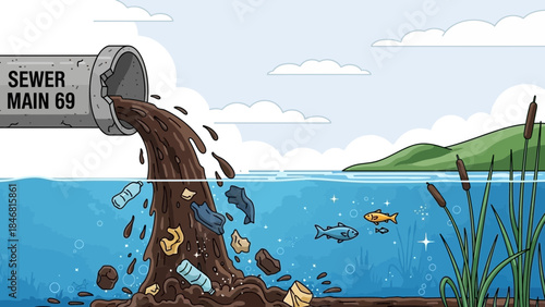 Sewer pollution dump into clean lake water with fish