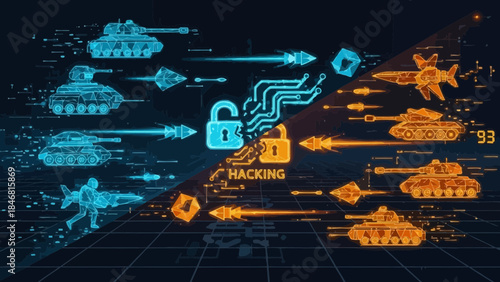 Cyber warfare concept with military and hacking elements