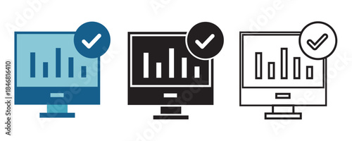 Business analytics dashboard icon set featuring charts and check marks in flat, solid, and outline styles.