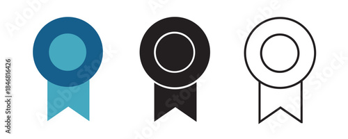 Business award and achievement icon set featuring medal and ribbon symbols in flat, solid, and outline styles. Suitable for success, recognition, certification, and corporate branding concepts.