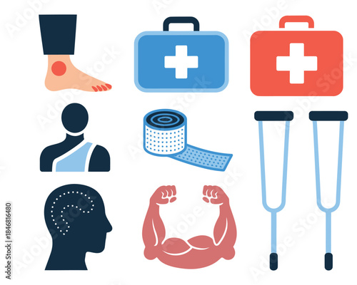 Medical injury recovery icons set featuring supportive care symbols, first aid elements, rehabilitation tools, muscle strength graphics, and essential emergency medical illustrations