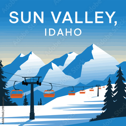 Sun Valley Idaho vintage ski resort poster, scenic mountain chairlift illustration, alpine winter landscape artwork, classic American skiing travel design