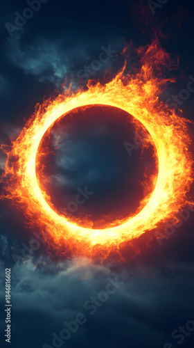 Fiery Ring of Flame Burning Against Stormy Night Sky