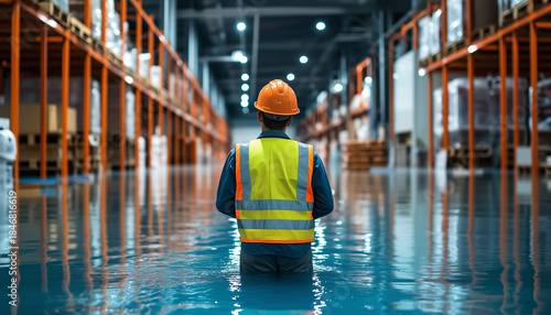A worker in protective gear carefully inspects a large water treatment plant