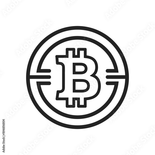 Black line drawing of a bitcoin symbol on a white circular background