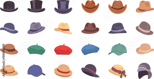 Colorful flat vector collection of vintage and modern hats including fedoras berets caps cowboy bowler styles for fashion design illustration