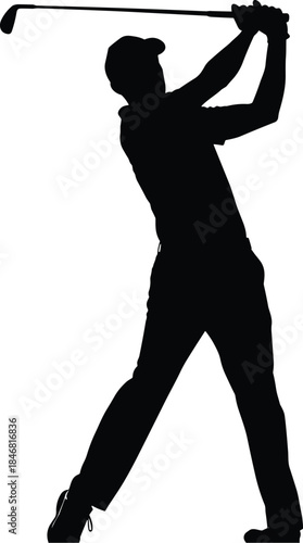 Dynamic silhouette of golfer mid swing capturing power balance precision motion against clean white background sport concept illustration action strength