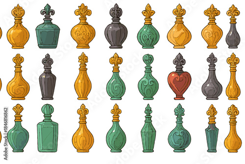 Collection of decorative bottles in different shapes and colors arranged in a grid pattern on a plain background