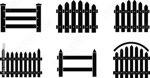 Set of black fence silhouettes showing different wooden fence styles isolated on white background for construction design graphics