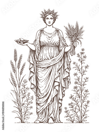 Demeter Goddess of Harvest Vector Illustration: Classical Mythology and Fertility Themed Female Character in Engraving Style Clipart.