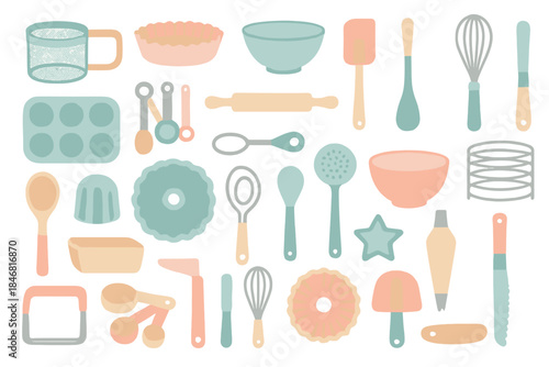 Various baking tools and utensils arranged on a surface for kitchen activities and cooking tasks