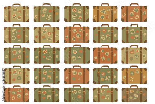 Suitcases display various travel stickers on a simple background in a playful arrangement