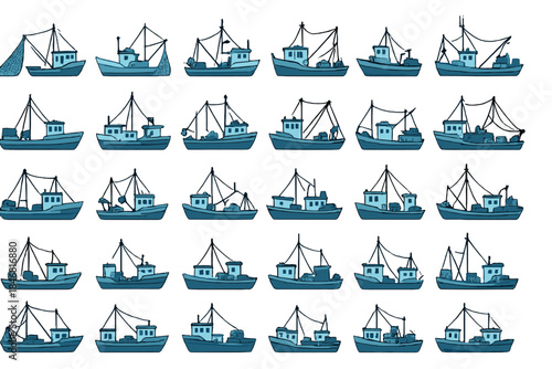 Various fishing boats illustrated in different designs with nets and equipment in repetitive patterns across the image