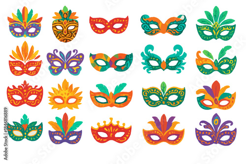 Colorful masks arranged in a grid showing different designs for a festival celebration