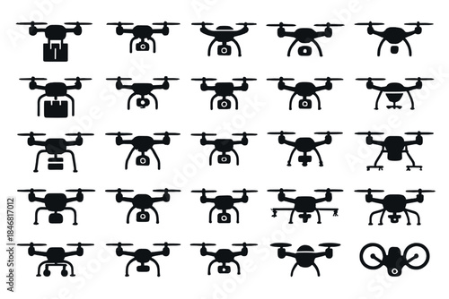 Different types of drones in a grid view for identification and comparison of designs and features