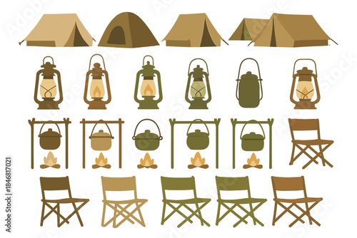 Camp setup with tents, lanterns, fires, pots, and chairs during summer outdoor activities