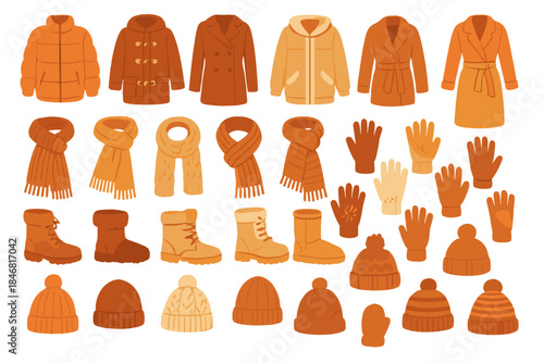 Collection of winter clothing items in various shades of orange and brown displayed on a white background