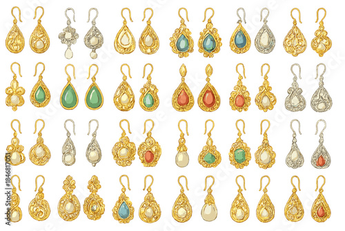 Different styles of earrings displayed in a grid showing various colors and designs in a simple layout