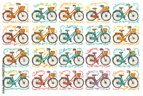 Colorful bikes in different styles arranged in a creative pattern on a white background during the daytime
